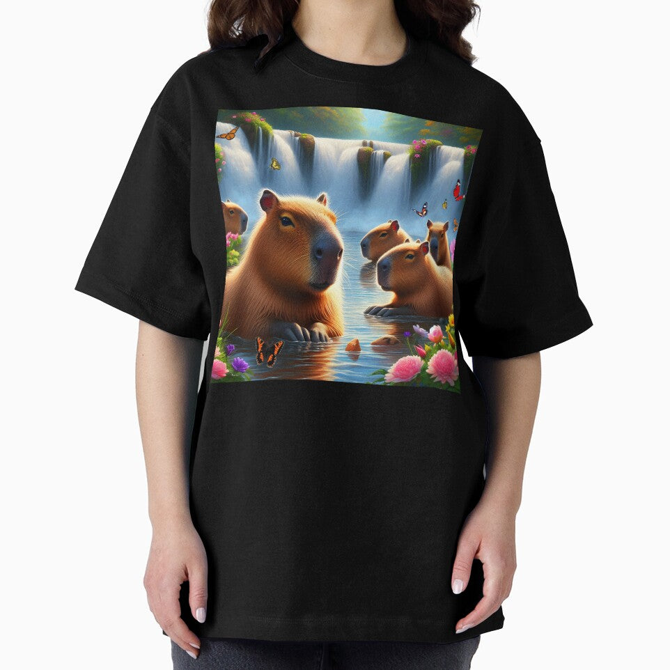 Group of capybaras chillin in water at a waterfall lake bath with butterflies around aesthetic digitalart by... (Image 2)