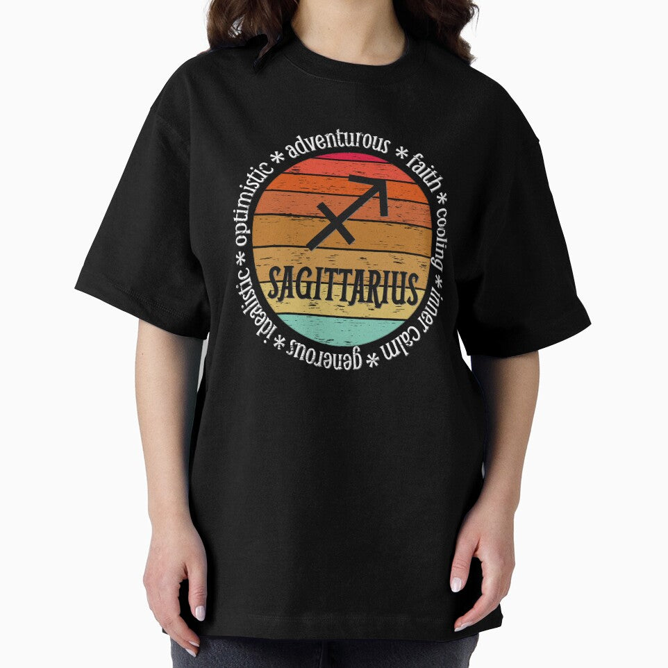 Sagittarius,zodiac sign and lettering, sunset retro style by plastic2021 T-Shirts, Hoodie, Sweatshirt (Image 2)