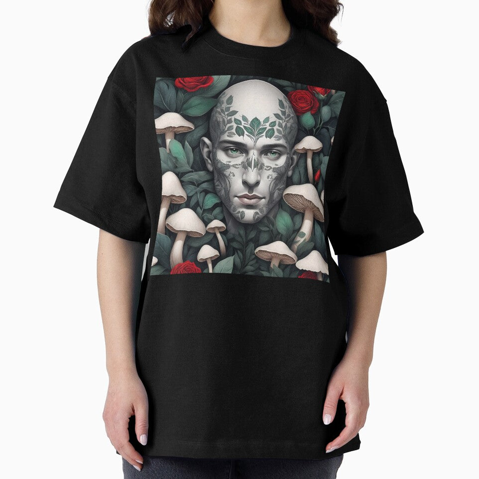 White bold man face Botanical art with funghi and red roses by EmeraldeaArt T-Shirts, Hoodie, Sweatshirt (Image 2)