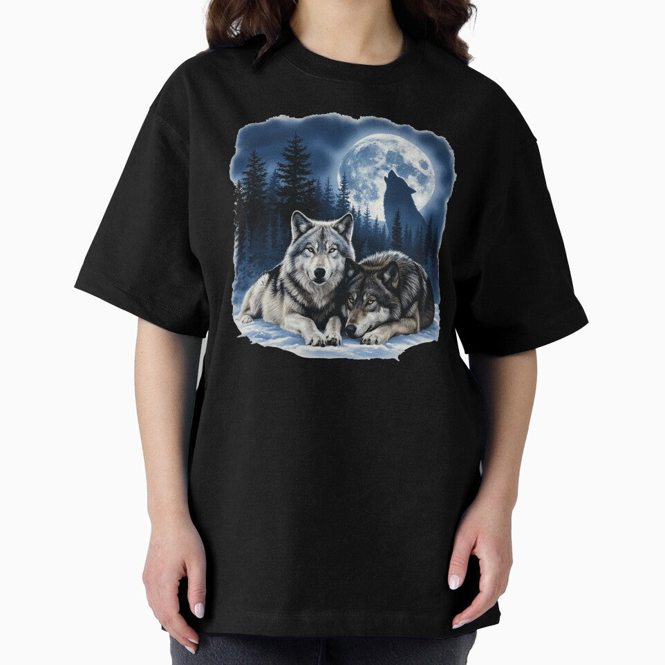 Two Wolves Howling at Full Moon Night Forest Scene by TeeARTHY