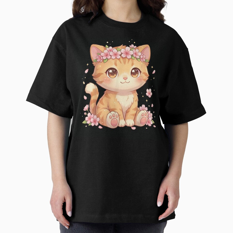 Kawaii Ginger Cat With Cherry Blossom Flower Crown Cute Kitten Art by Aladino Tamayo