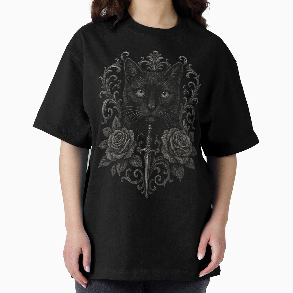 Black Cat Gothic Emblem – Dark Victorian Cat with Roses and Dagger by Mouraludia T-Shirts, Hoodie, Sweatshirt (Image 2)