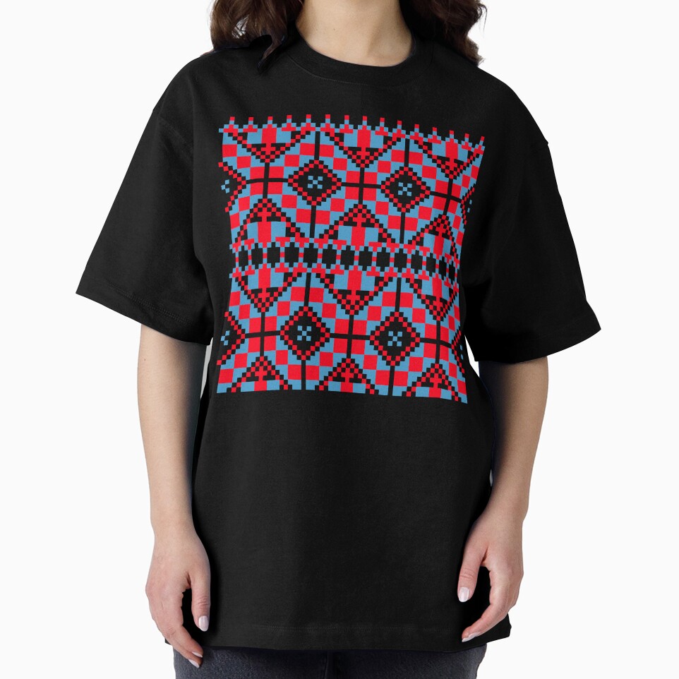 Red and Blue Pixel Folk Pattern - Retro Geometric Embroidery Aesthetic by KostekArtShop