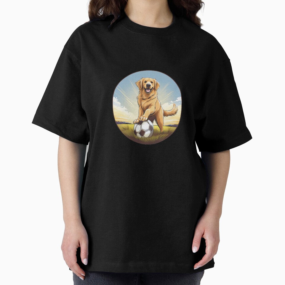 happy golden retriever dog with paws on soccer ball by planetgolden