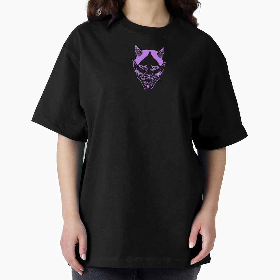 Purple Hannya Mask Oversized Streetwear T-Shirt | Japanese Oni Minimal Design by OnnyWear Hoodie, Sweatshirt (Image 2)
