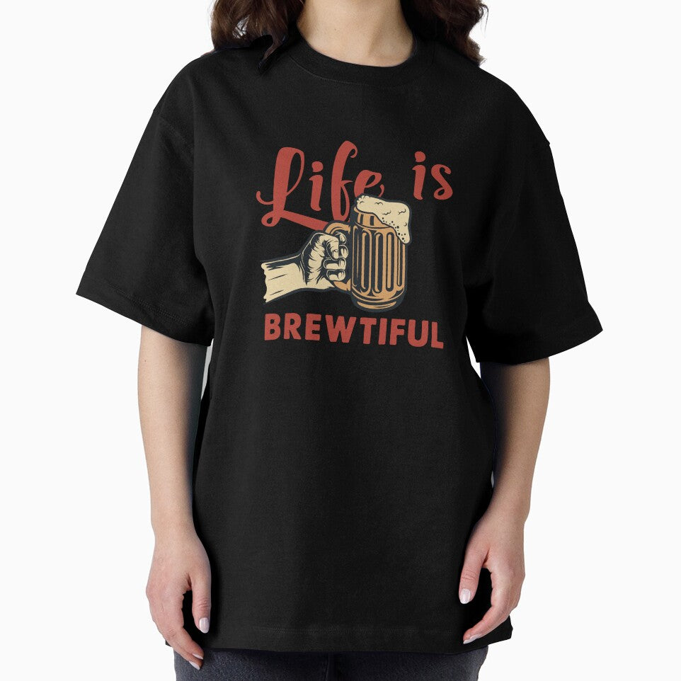 Life is Brewtiful – Funny Beer Quote with Hand Holding a Beer Illustration by Merch Alchemy