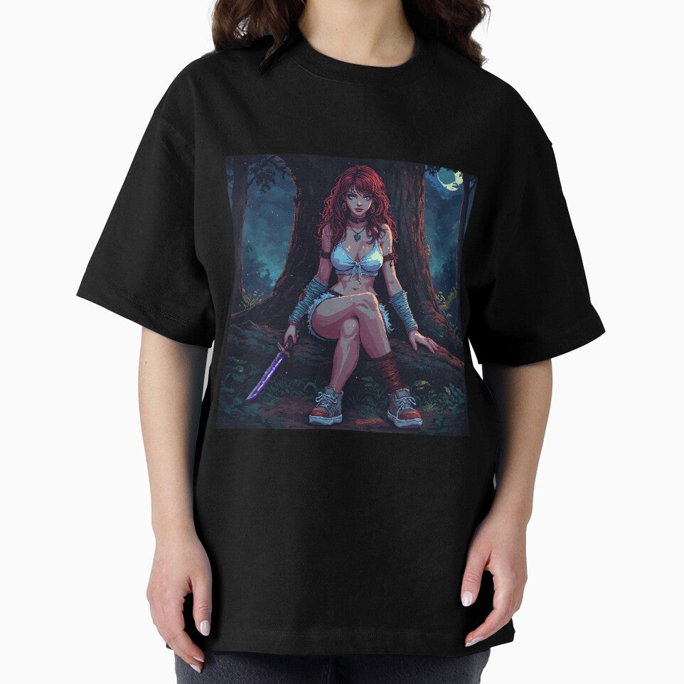 Retro Sexy Looking Girl In Forest Holding A Knive ( Dagger ) Red Hair by jimcaza T-Shirts, Hoodie, Sweatshirt (Image 2)