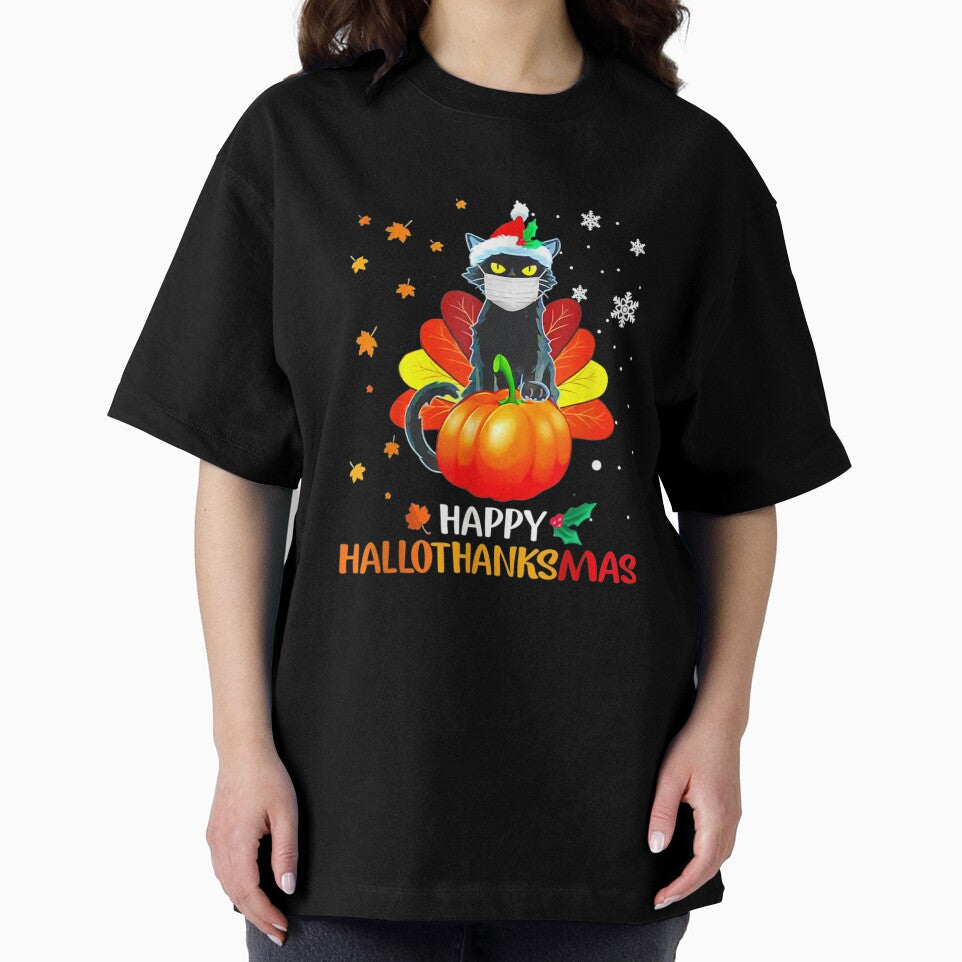 Black Cat Happy Hallothanksmas Cat Halloween And Xmas by Cecil-Blackwell T-Shirts, Hoodie, Sweatshirt (Image 2)