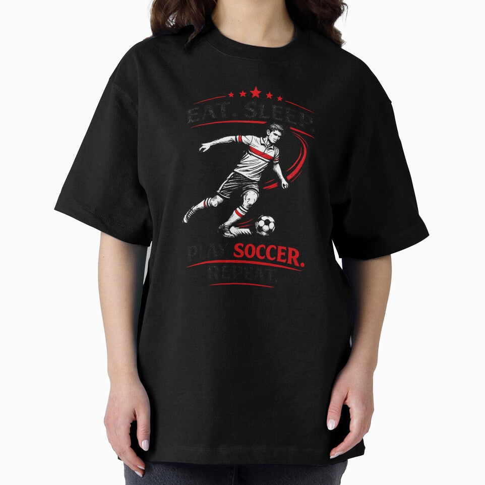 Eat Sleep Play Soccer Repeat – Retro Football Player Line Art (Black & Red) by Cleora Art