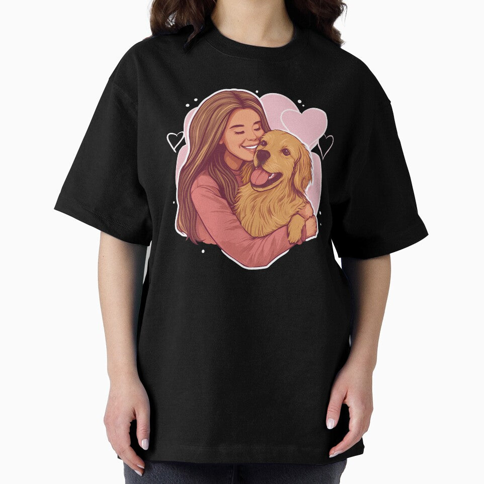 Beautiful artwork of a cute golden retriever dog breed and a female owner, golden retriever girl or lady, mom,... (Image 2)