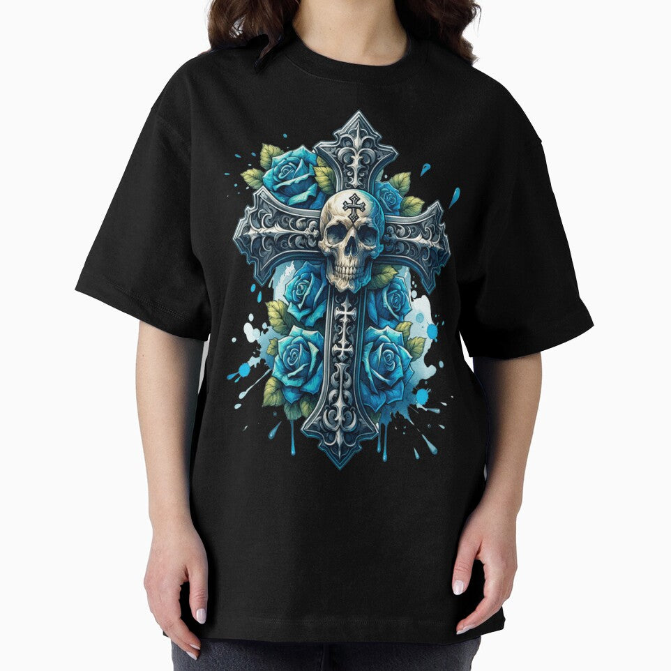 Gothic Elegance: Skull and Blue Roses Cross by MysticOzzy T-Shirts, Hoodie, Sweatshirt | BlankRebels.com (Image 2)