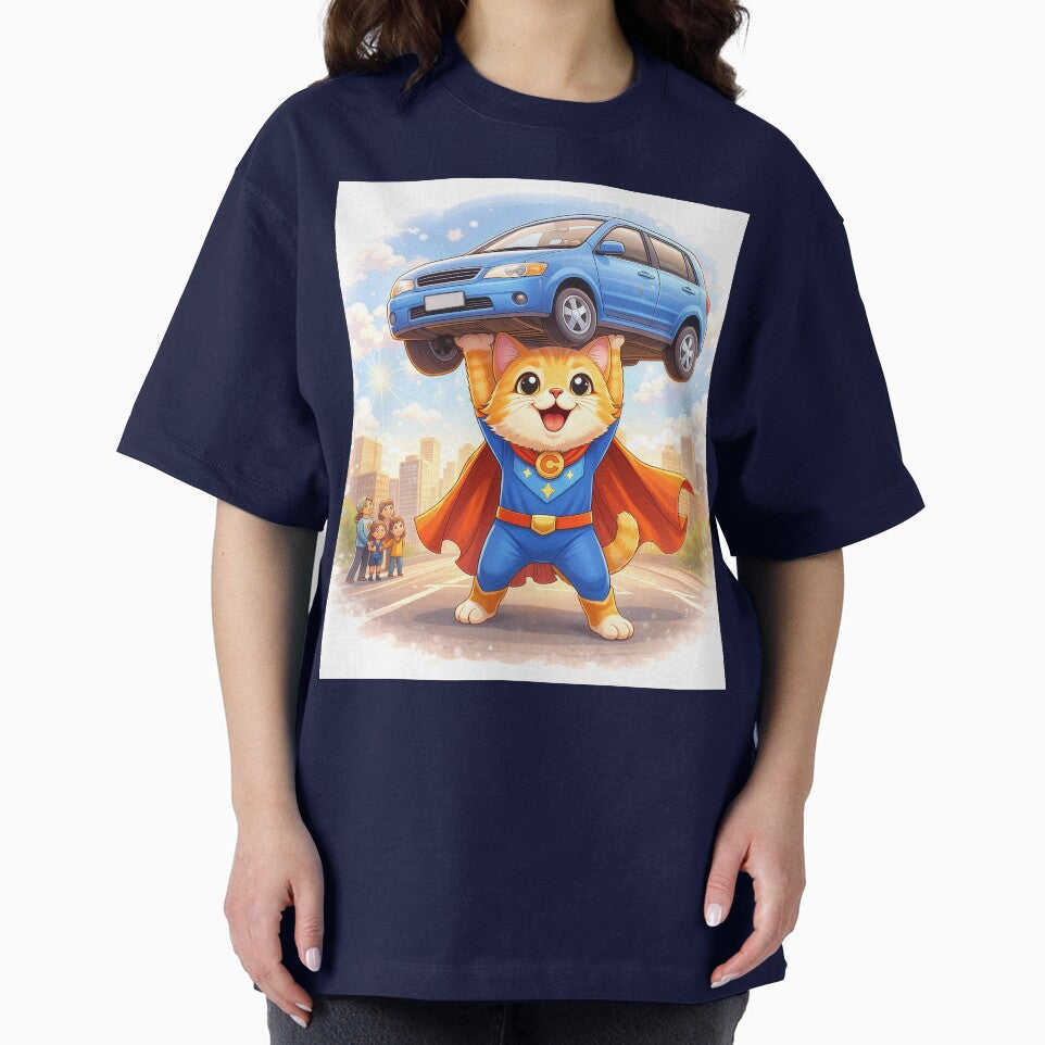Superhero Cat Lifting a Car – Cute Animal Hero Saving the Day | Kawaii Cartoon Illustration by Furfolkz