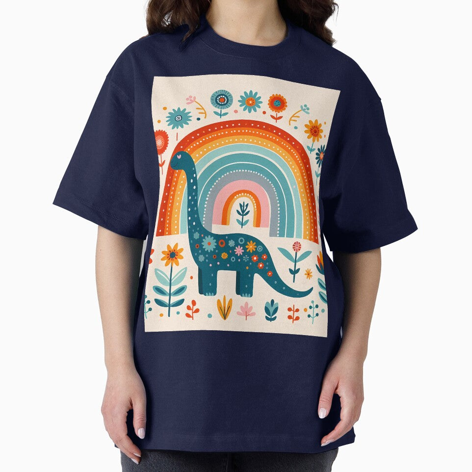 Cute Blue Brontosaurus Dinosaur with Rainbow - Scandinavian Folk Art by heidiannemorris © by FOLK ART FUSION by... (Image 2)