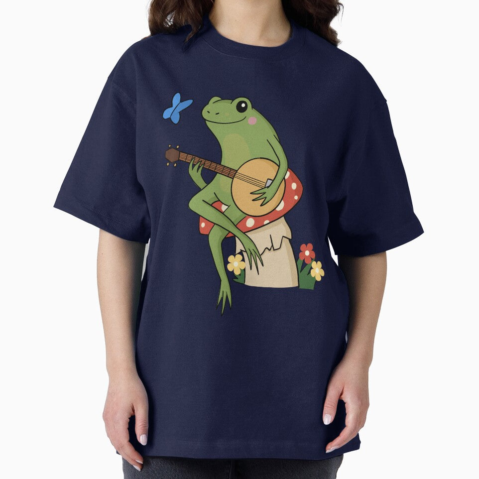 Cottagecore aesthetic cute frog playing a banjo sitting on a mushroom by HopItStudio T-Shirts, Hoodie, Sweatshirt (Image 2)