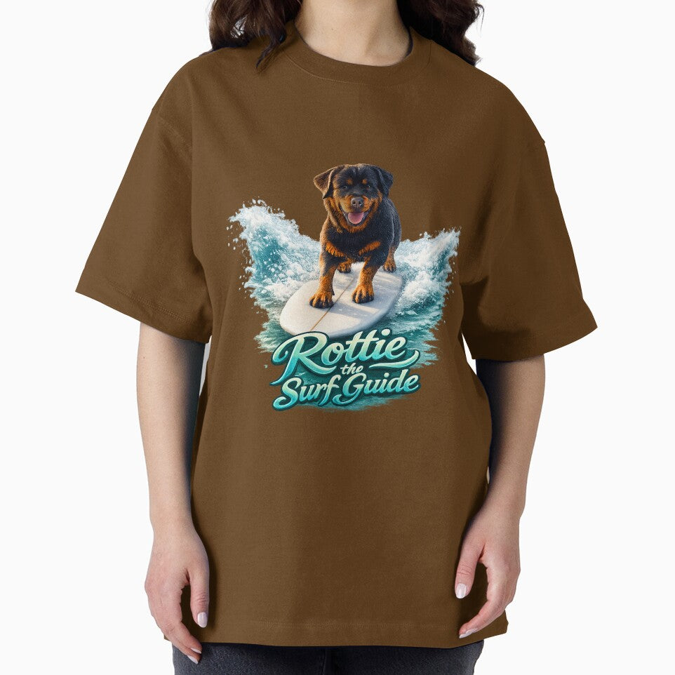 Rottie the Surf Guide – Cool Rottweiler Surfing Dog Art Print by PixelsPaws