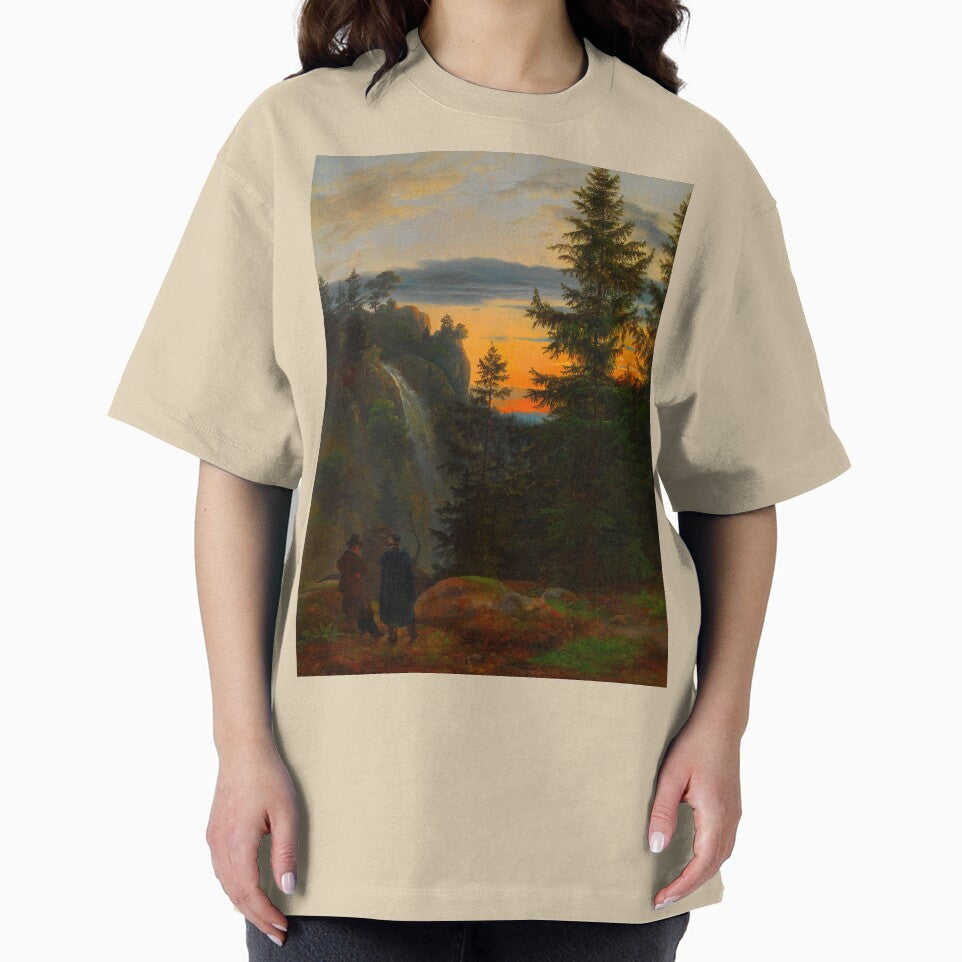 Sunset painting, Sunset Artwork, Two Men before a Waterfall at Sunset by danaJG T-Shirts, Hoodie, Sweatshirt (Image 2)