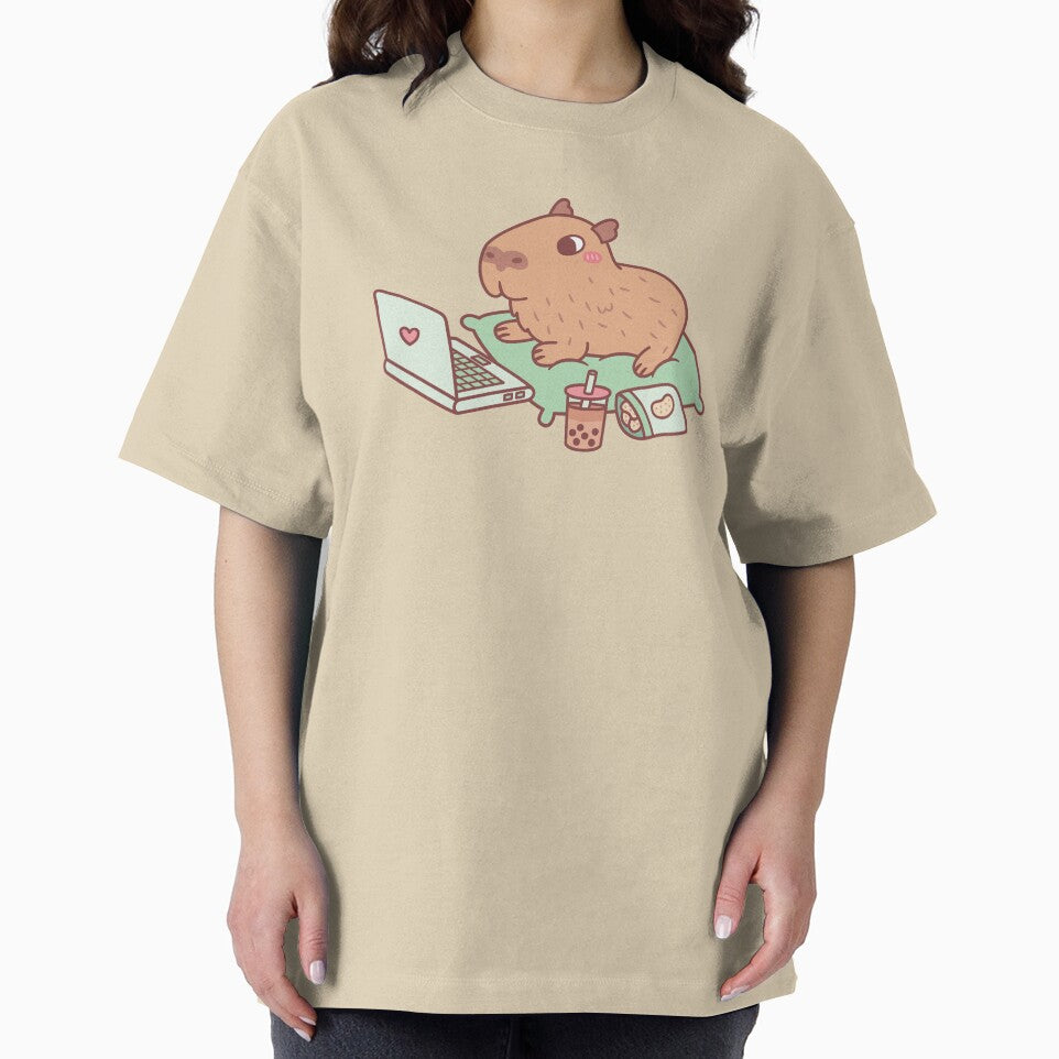 Cute Chilling Capybara With Laptop And Snacks by rustydoodle T-Shirts, Hoodie, Sweatshirt | BlankRebels.com (Image 2)