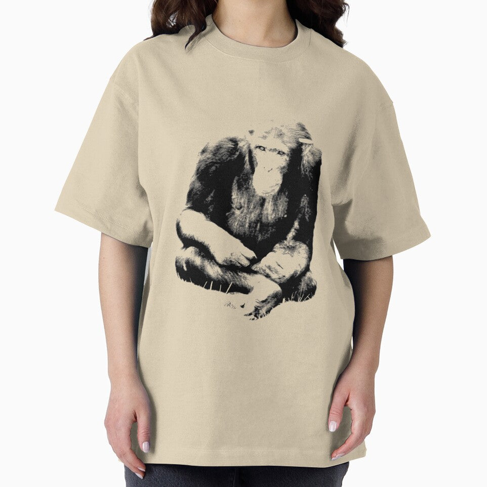 Chimpanzee Sitting in the Jungle. Wildlife Digital Engraving Image by Digital Eclectica T-Shirts, Hoodie,... (Image 2)