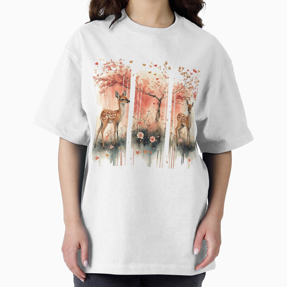 Romantic woodland deer illustration with soft floral scenery Peaceful forest scene with fawns and delicate blossoms by Anastasiia Yurevych