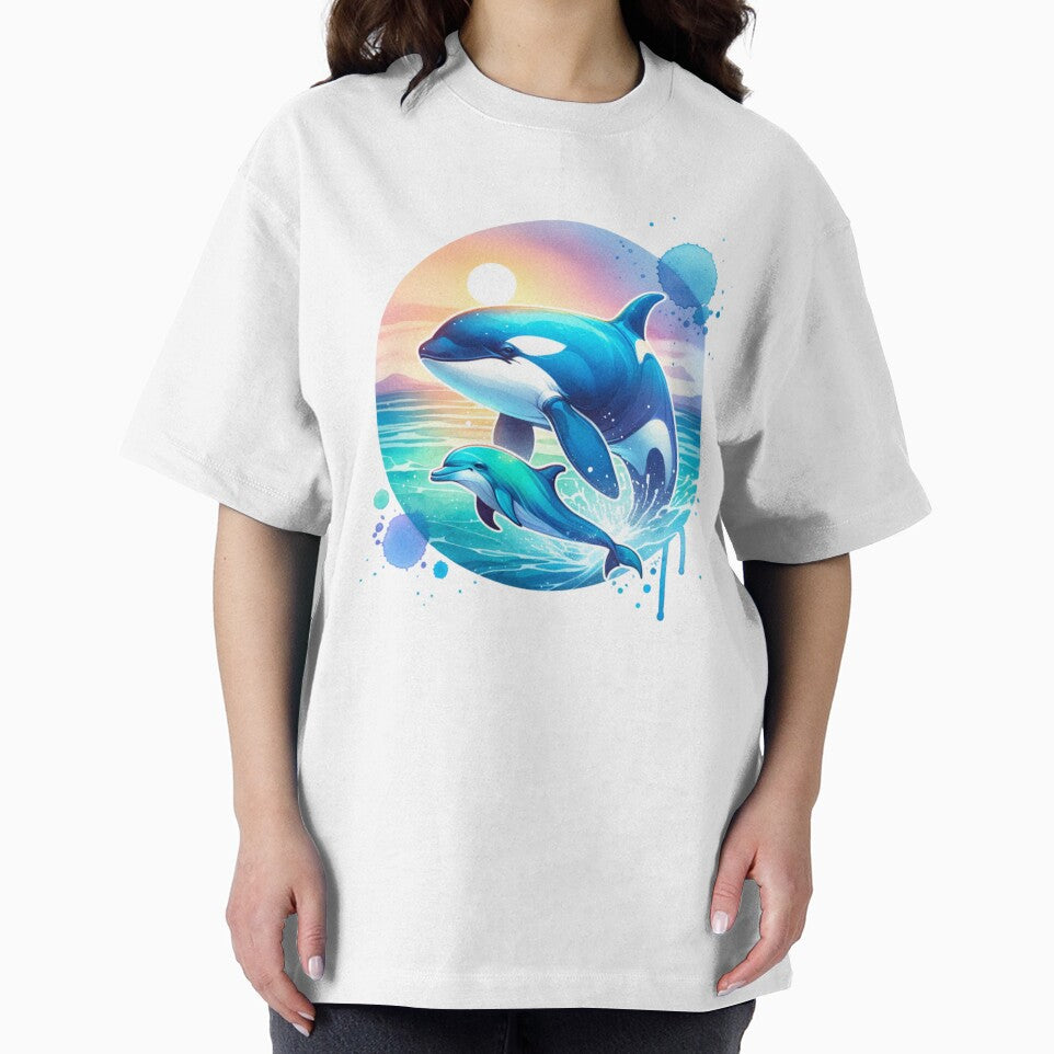 Orca & Dolphin Watercolor Splash Art – Tranquil Ocean Serenity by MTeesGA