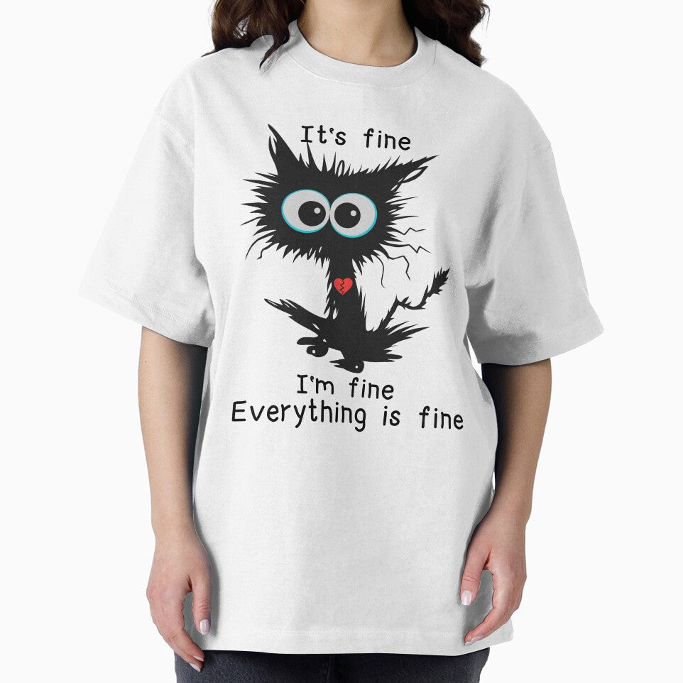 Sarcastic Black Cat with Broken Heart: "It's Fine. I'm Fine. Everything is Fine." - Anxiety Humor Design by... (Image 2)