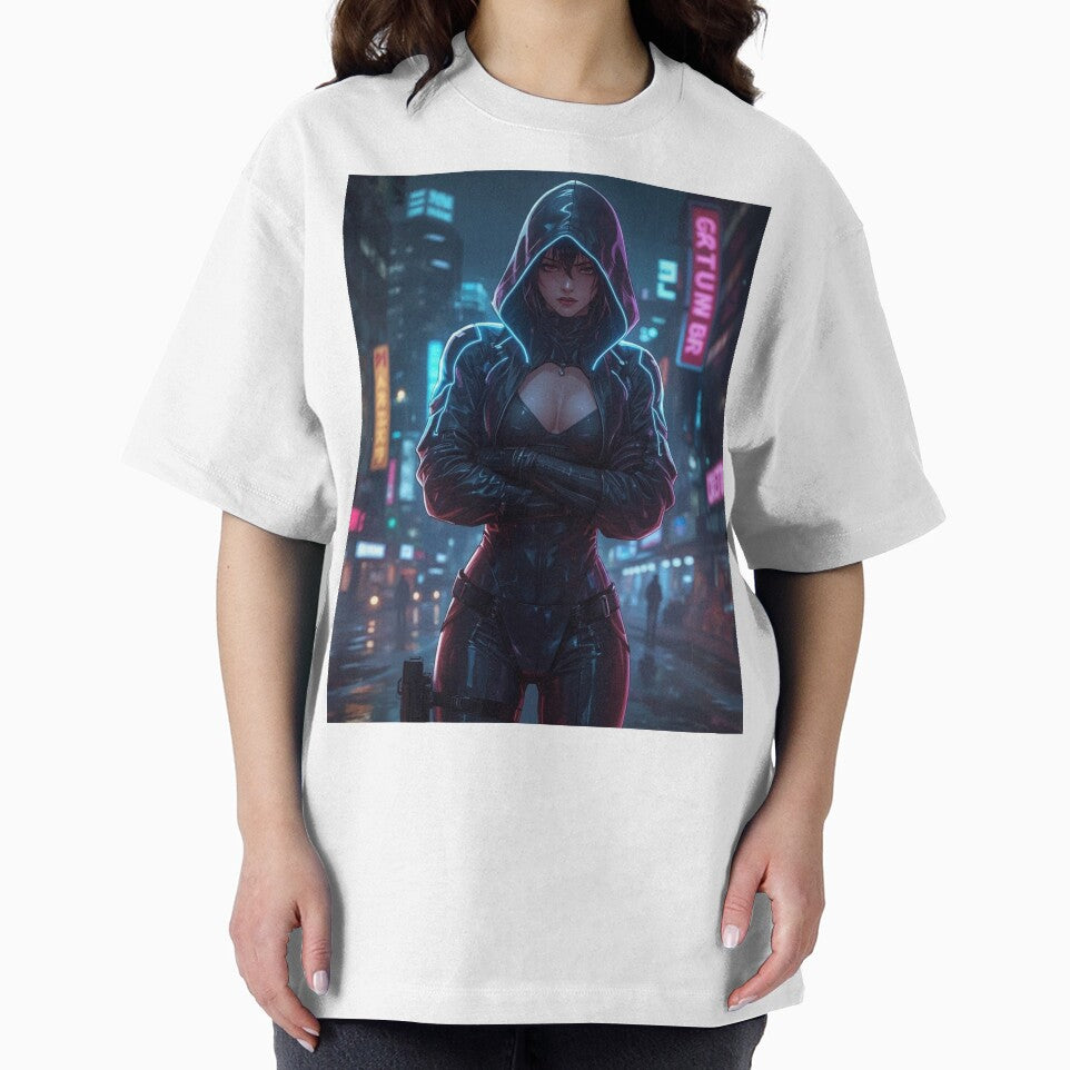 Neon Sentinel Cyberpunk Hooded Girl in Futuristic Night City by Element Horizon Studio T-Shirts, Hoodie, Sweatshirt (Image 2)