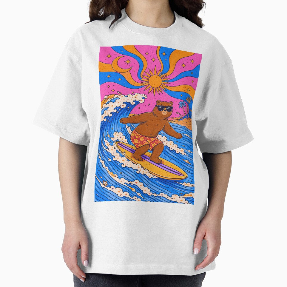 Cool Surfing Bear with Sunglasses – Funny Psychedelic Surf Art by DrizzyV