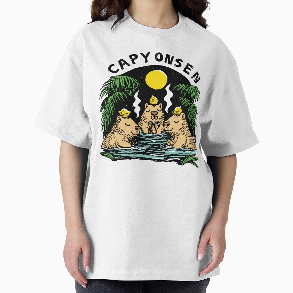Capy Onsen - Three Capybaras with Lemons in a Moonlit Hot Spring by trajeado14 T-Shirts, Hoodie, Sweatshirt (Image 2)
