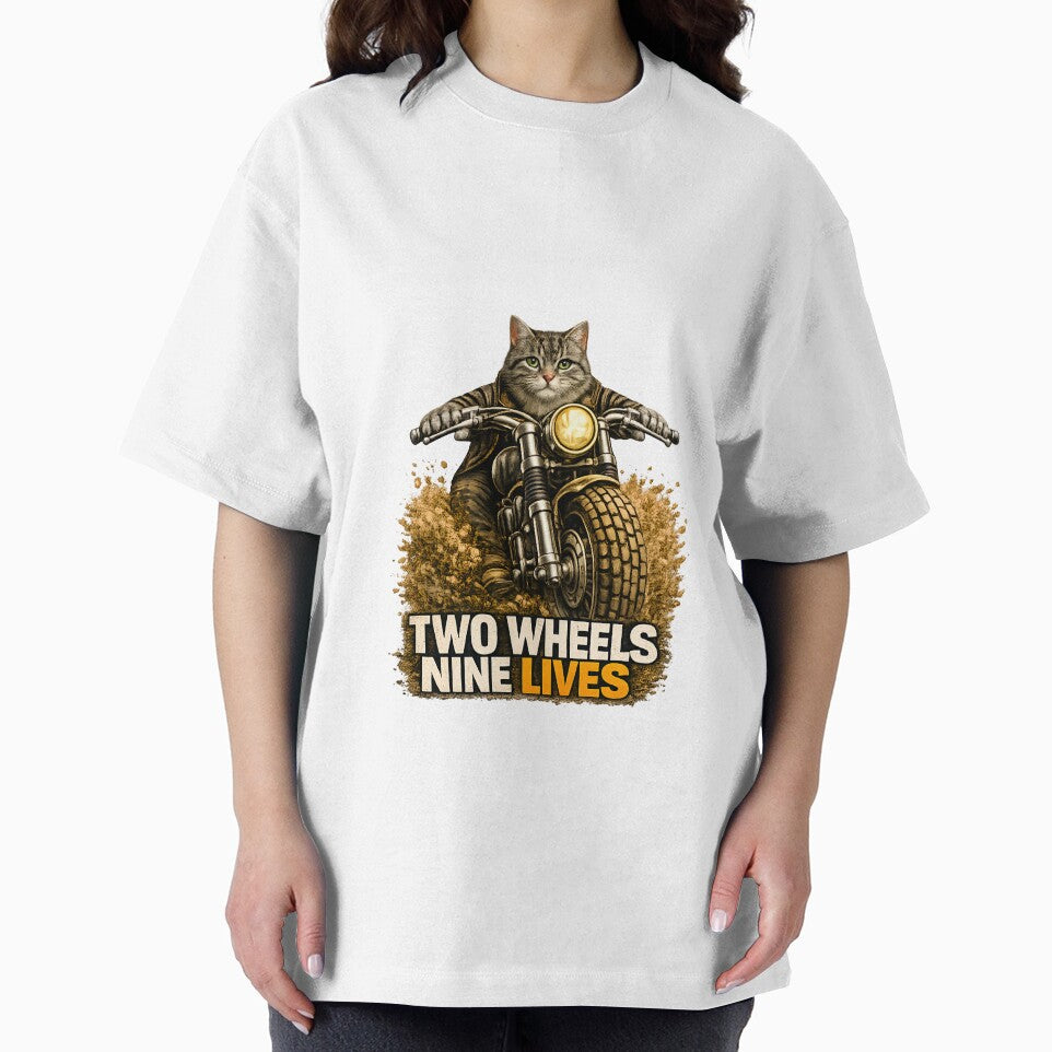 Gray Tabby Cat Motorcycle Art – Two Wheels Nine Lives Biker Cat Print Design by PixelsPaws
