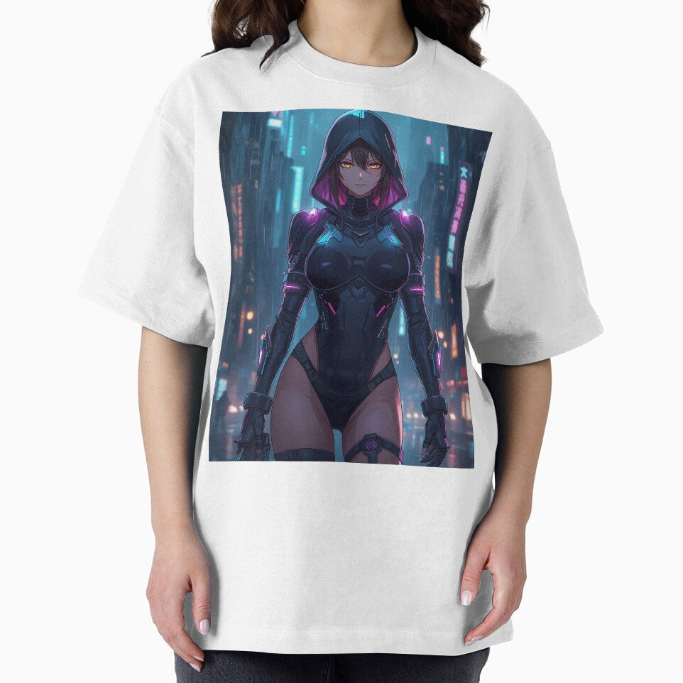 Hooded Cyberpunk Assassin Girl Neon Anime Sci-Fi City Art by Element Horizon Studio