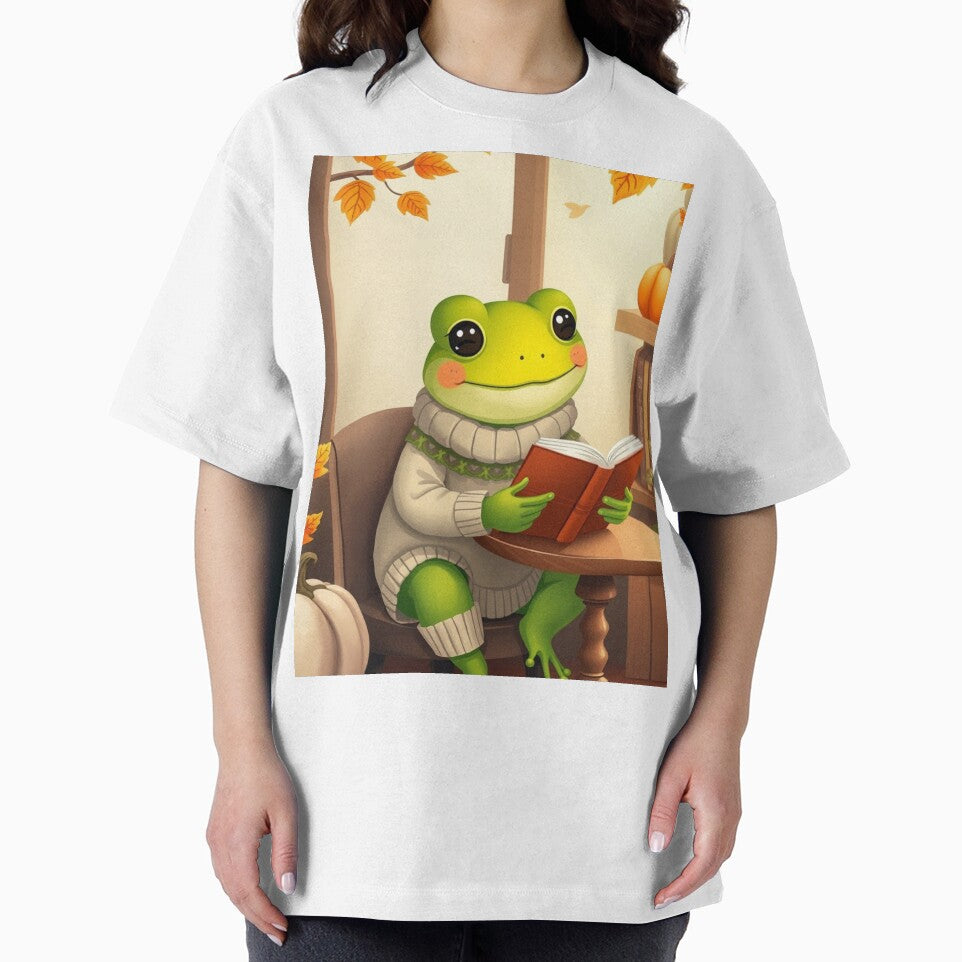 Cozy Cottagecore Frog T-Shirt | Frog Reading Book | Cute Autumn Graphic Tee by ArmaanArts Hoodie, Sweatshirt (Image 2)