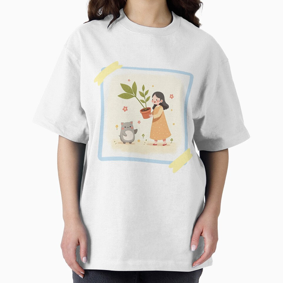 Cute Girl and Chubby Cat with Potted Plant – Wholesome Kawaii Nature Art by Kimagure13 T-Shirts, Hoodie, Sweatshirt (Image 2)
