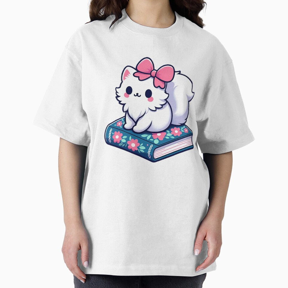 Cute White Cat on Floral Book - Kawaii Coquette Aesthetic by GREENZ0NE T-Shirts, Hoodie, Sweatshirt (Image 2)