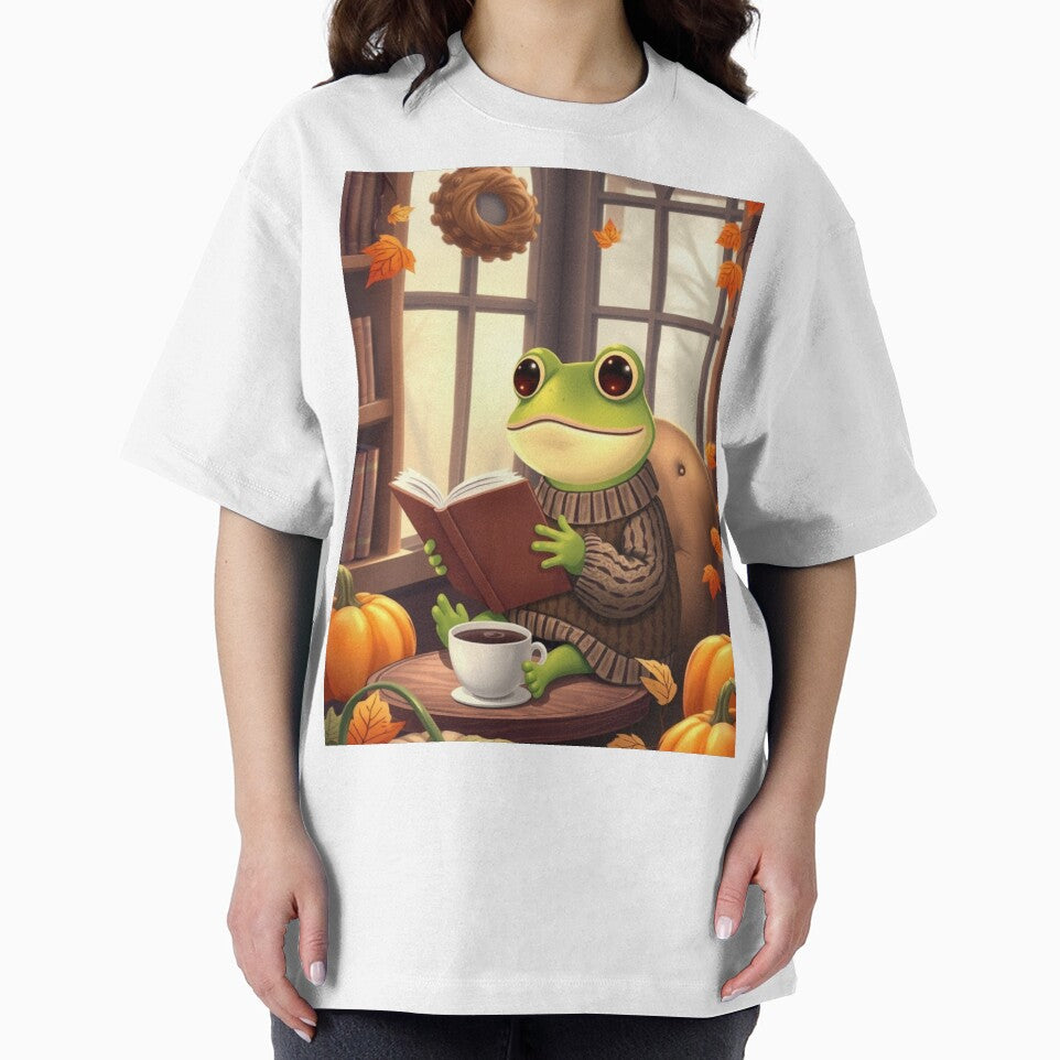 Autumn Frog Reading T-Shirt | Cozy Bookworm Frog | Cute Fall Animal Tee by ArmaanArts Hoodie, Sweatshirt (Image 2)