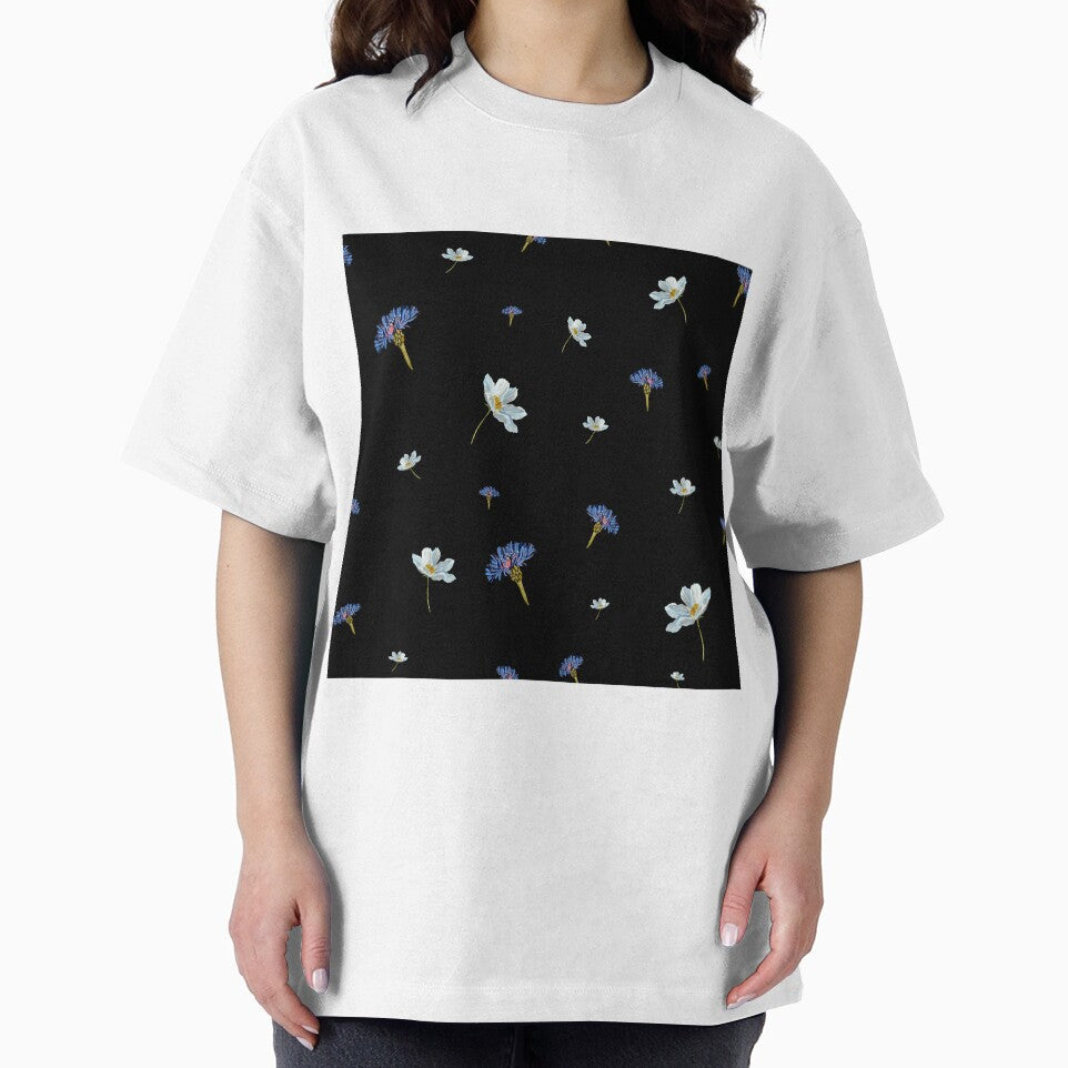 Flower Blue Daisy Pattern Seamless Watercolor Black Yana Mustafina Boho Soulful T-Shirts, Hoodie, Sweatshirt
