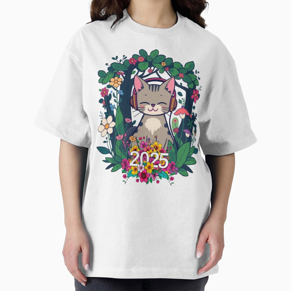 Cute Cat with Headphones – Listening to Music in Flower Forest – 2025 Floral Design T-shirt – Adorable Cat... (Image 2)