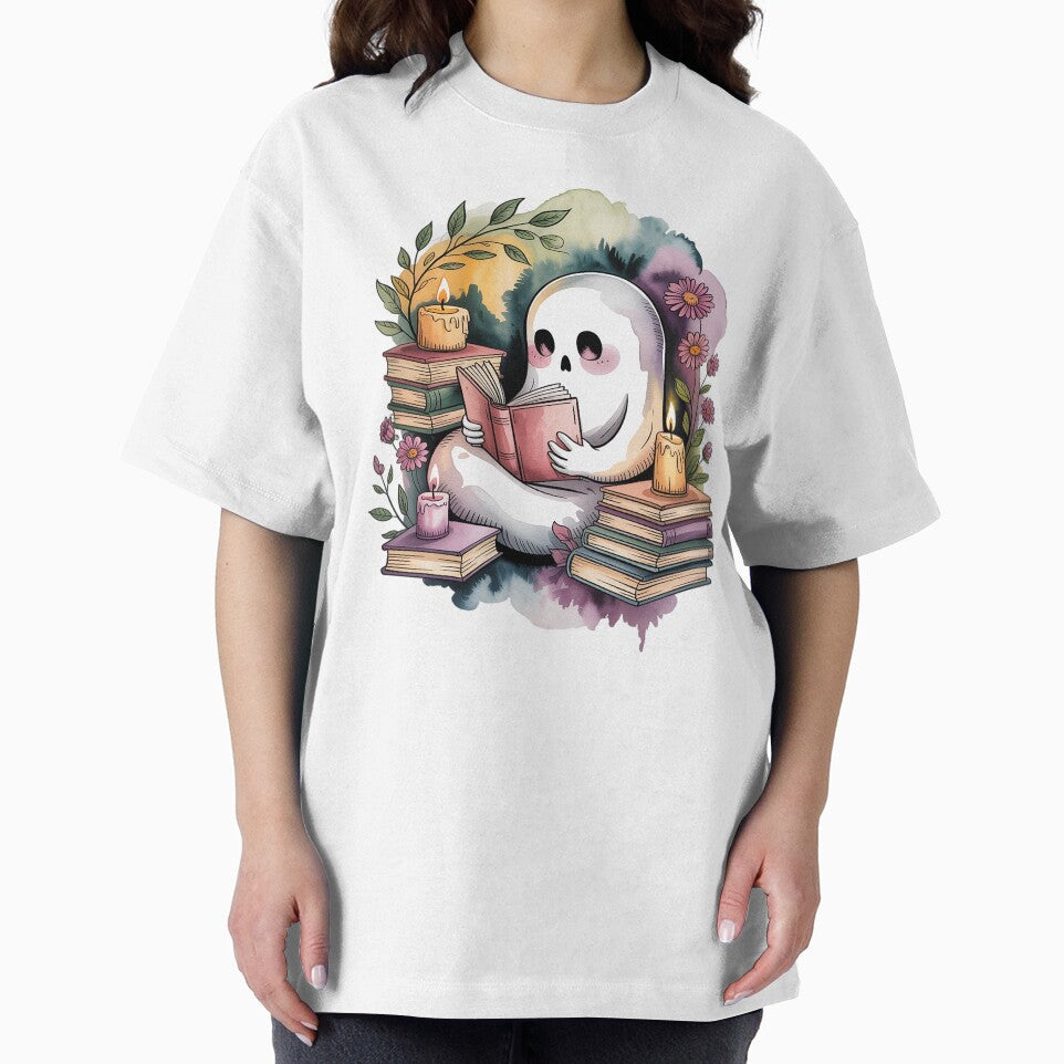 Whimsical Book Nook Ghost Shirt Reading Ghost Watercolor Tattoo Tee Dark Academia Cozy Top for Book Lovers... (Image 2)