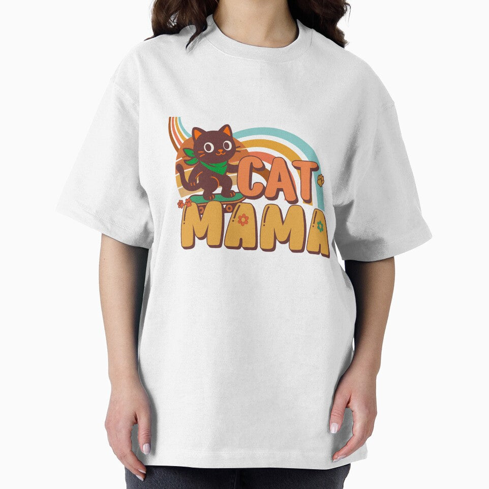 Retro Cat Mama – Cute Vintage Cat on Skateboard with Rainbow Background | Retro Aesthetic Cat Illustration by... (Image 2)