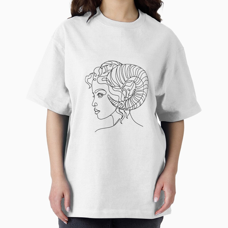 Aries zodiac sign, woman face with horns linear art, minimalistic illustration. by OneLinePrint T-Shirts,... (Image 2)