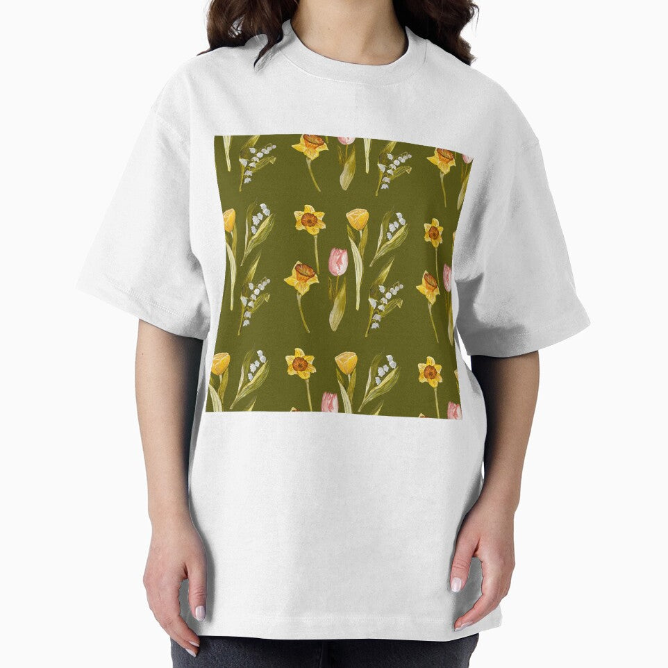 Daffodil tulip snowdrop Easter a seamless pattern green by Yana Mustafina | Boho Soulful Designs T-Shirts,... (Image 2)