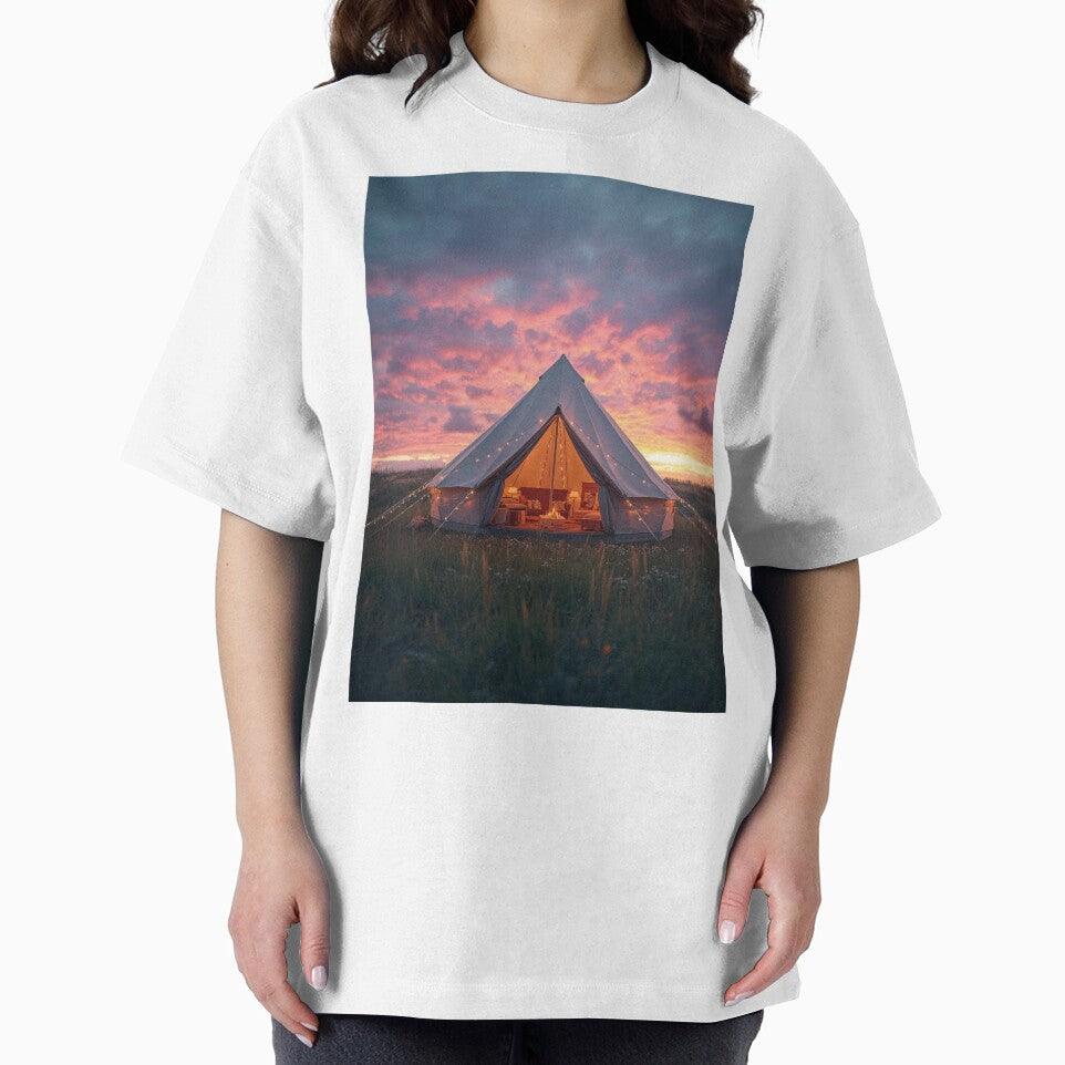 Glamping Tent Sunset String Lights T-Shirt | Luxurious Camping Art by Falconwolf Hoodie, Sweatshirt (Image 2)