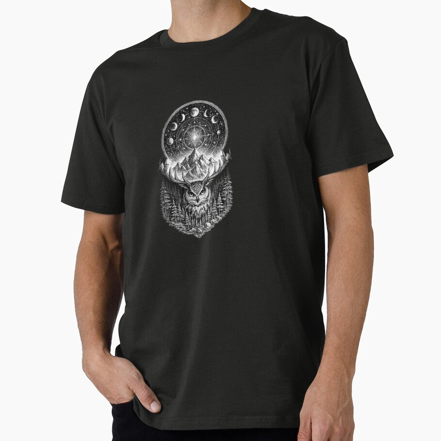 Mystic Owl Antlers Moon Phases Black and White Design by t-patterns T-Shirts, Hoodie, Sweatshirt | BlankRebels.com (Image 1)