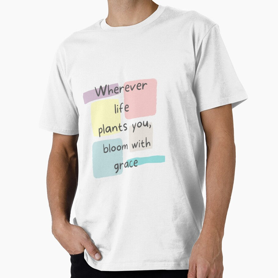 Whatever life plants you bloom with grace , inspirational life quote written in pastel shade color palette... (Image 1)