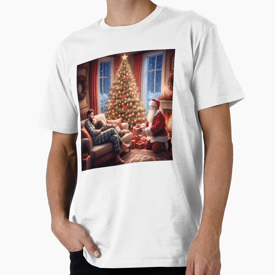 Charming, family-friendly portrayal of a cuddling couple asleep on a couch while Santa places a present beside... (Image 1)