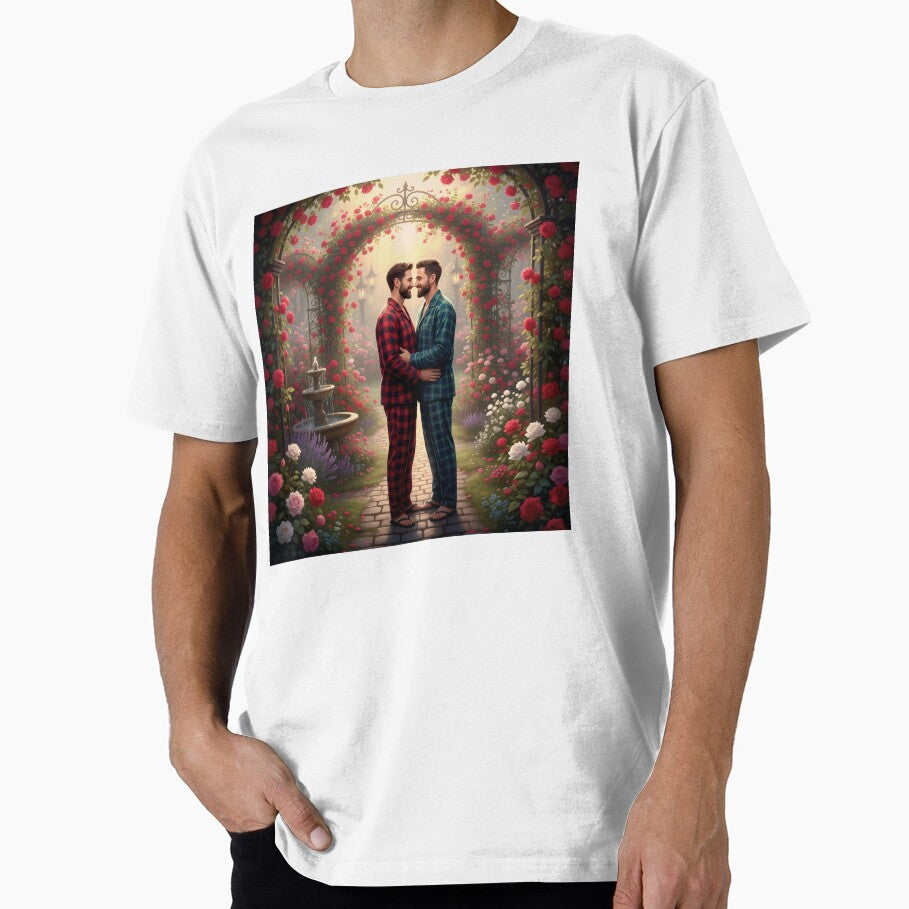 Romantic scene of a gay couple hugging in matching pajamas among blooming flowers by Elando1212 T-Shirts,... (Image 1)