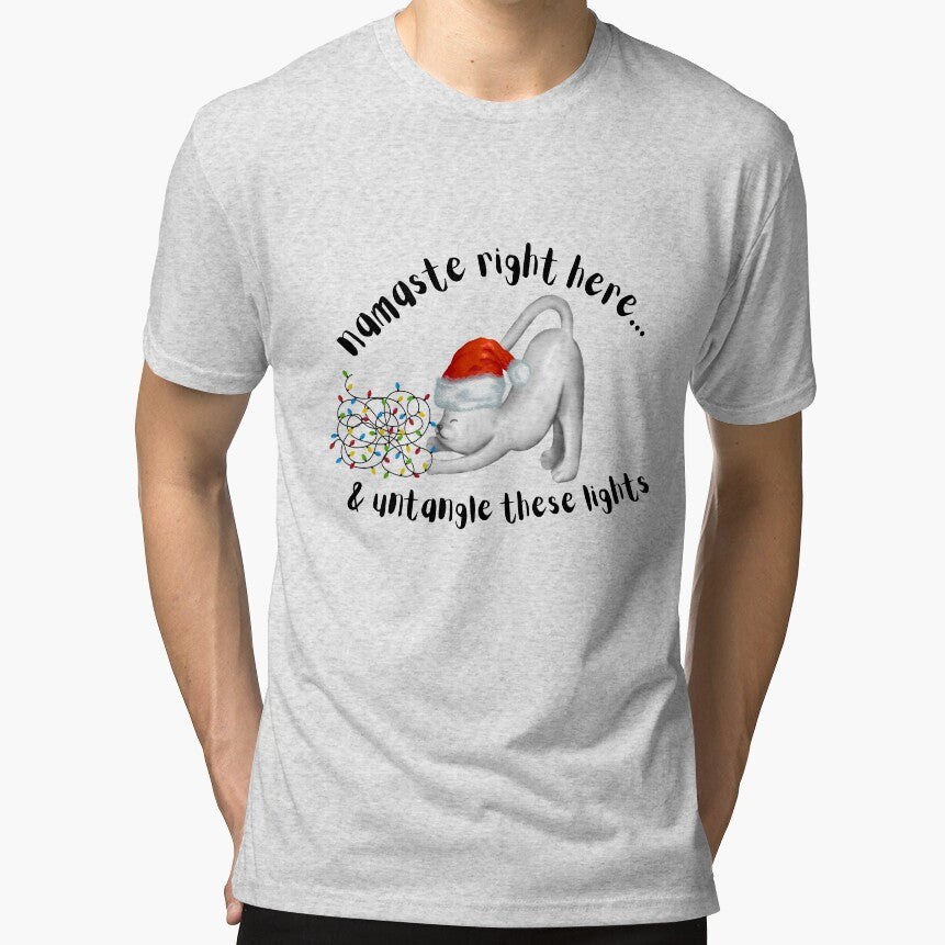 Funny cat lover Christmas shirt ~ namaste & untangle these lights by OmStudioz Hoodie, Sweatshirt | BlankRebels.com (Image 1)