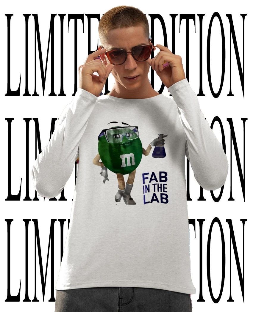 M and M’s Ms Green fab in the lab holding beaker wrench caricature shirt