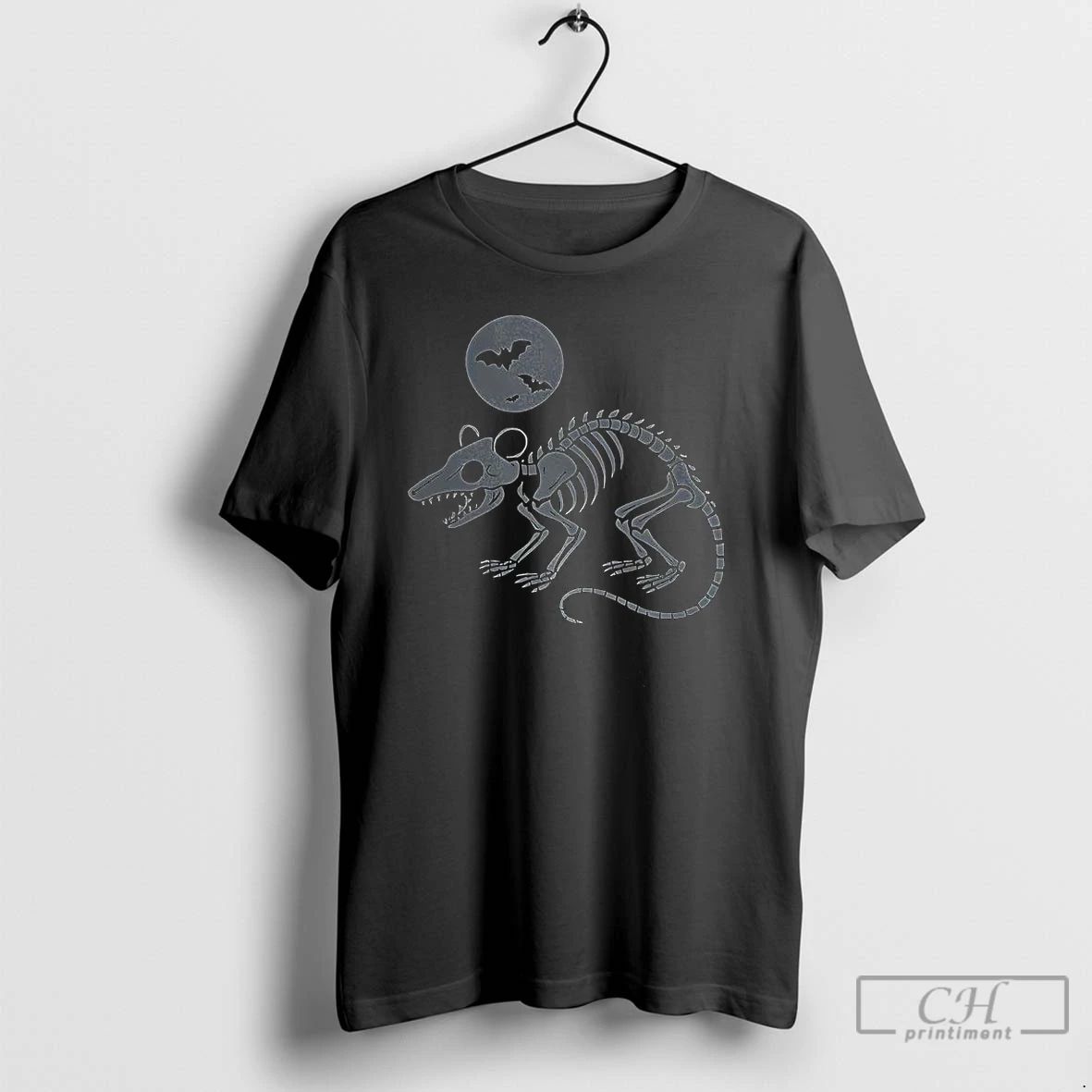 Classic Playing Opossum Skeleton Under Moon With Bats Halloween T Shirts