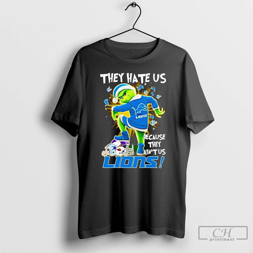 Premium Santa Grinch They Hate Us Because They Aint Us Lions Christmas T Shirts