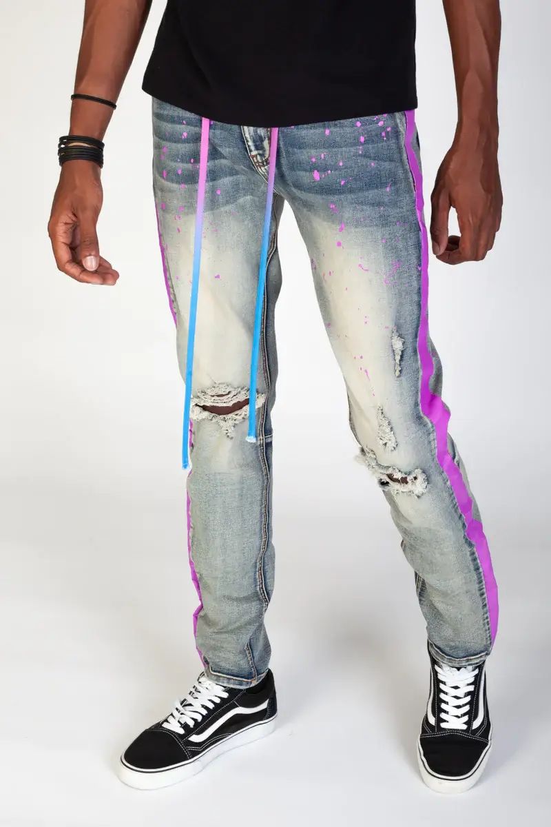 Paint Striped Jeans w/ Tie Dye Drawstring